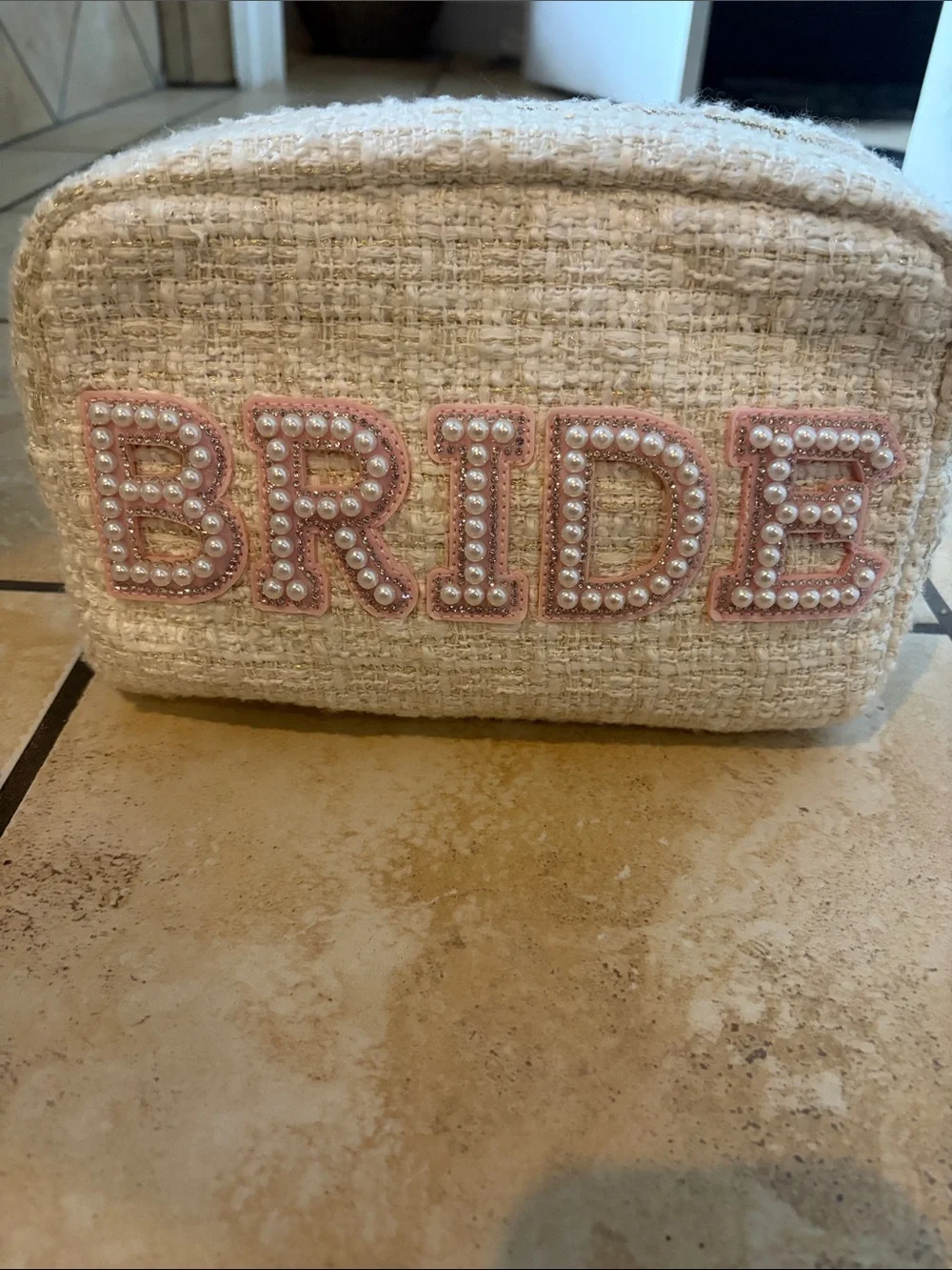 Cream Tweed Cosmetic Bag with Pearl 'BRIDE' Applique